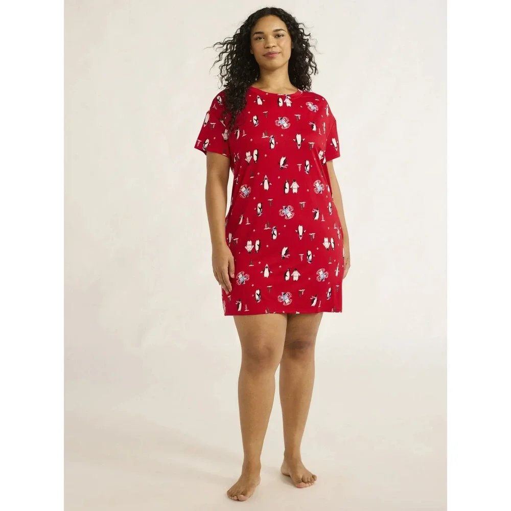 Joyspun Women's Printed Sleep Shirt Red Pepper‎ L/XL Short Sleeves Oversized